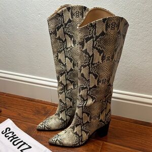SCHUTZ Snake Print Heeled Boots in Black and Cream Size 10